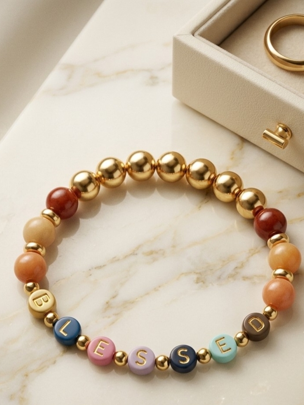 Gold-tone Hand-made Beaded Multicolor Name Accent Bracelet - 'BLESSED'